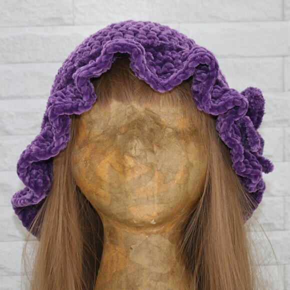 HAND CRAFTED Hat Crochet Bucket Chenille Winter Medium Ruffle Wide Brim Purple - Picture 3 of 12